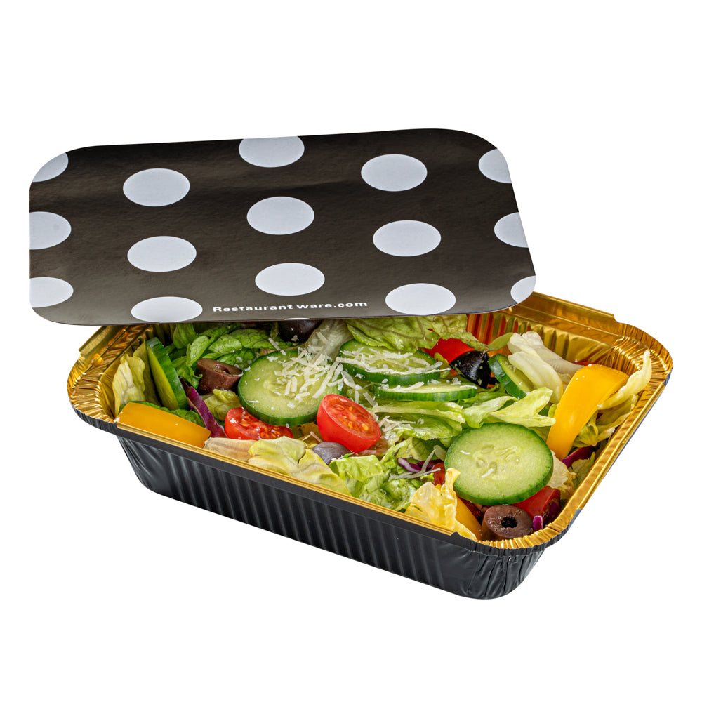 16 oz Rectangle Black and Gold Aluminum Take Out Container - with Polka Dot Paper Lid - 7 1/4" x 5 1/4" x 2" - 200 count box