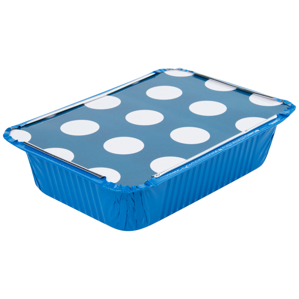 16 oz Rectangle Blue Aluminum Take Out Container - with Polka Dot Paper Lid - 7 1/4" x 5 1/4" x 2" - 200 count box