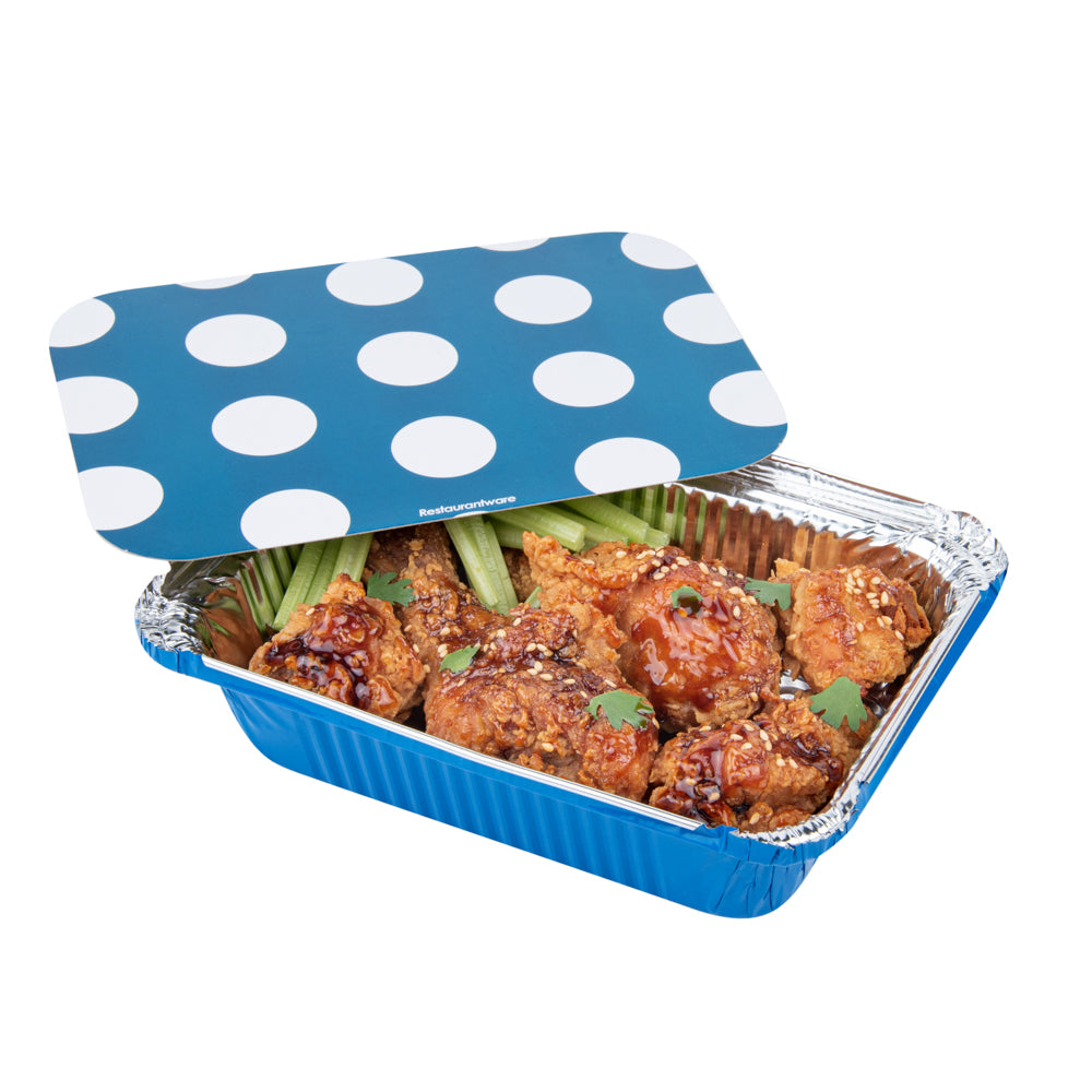 16 oz Rectangle Blue Aluminum Take Out Container - with Polka Dot Paper Lid - 7 1/4" x 5 1/4" x 2" - 200 count box