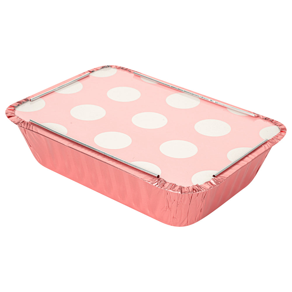 16 oz Rectangle Pink Aluminum Take Out Container - with Polka Dot Paper Lid - 7 1/4" x 5 1/4" x 2" - 200 count box