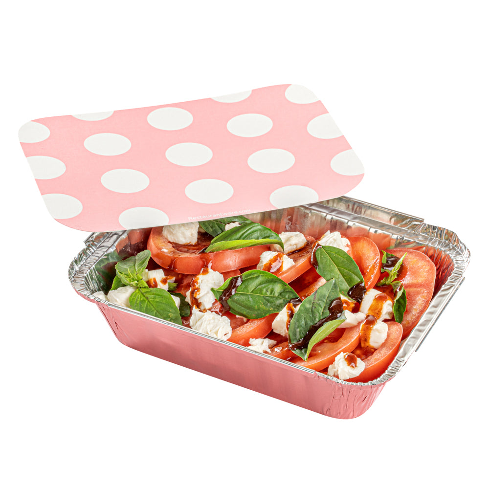 16 oz Rectangle Pink Aluminum Take Out Container - with Polka Dot Paper Lid - 7 1/4" x 5 1/4" x 2" - 200 count box