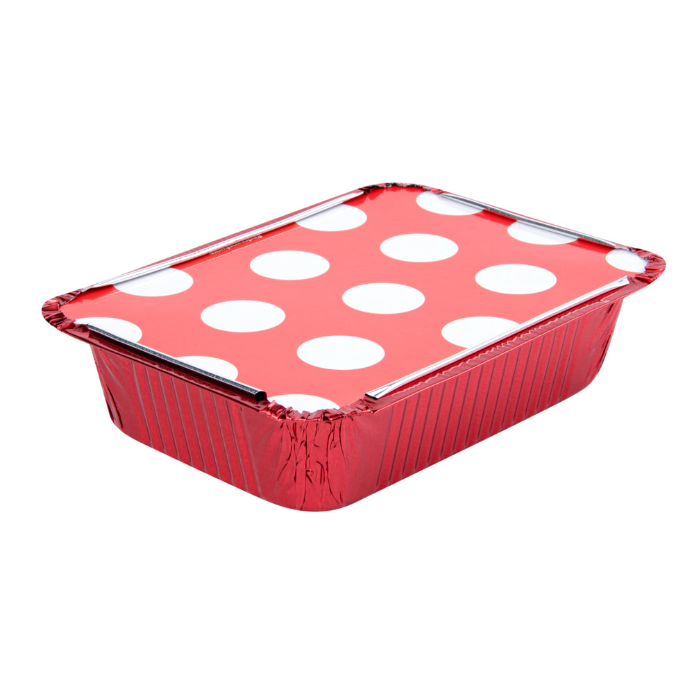 16 oz Rectangle Red Aluminum Take Out Container - with Polka Dot Paper Lid - 7 1/4" x 5 1/4" x 2" - 200 count box