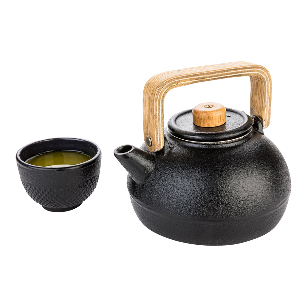 Tetsubin 30 oz Black Cast Iron Osaka Teapot - Wooden Handle and Knob - 7 1/2" x 5 1/2" x 4 1/4" - 1 count box