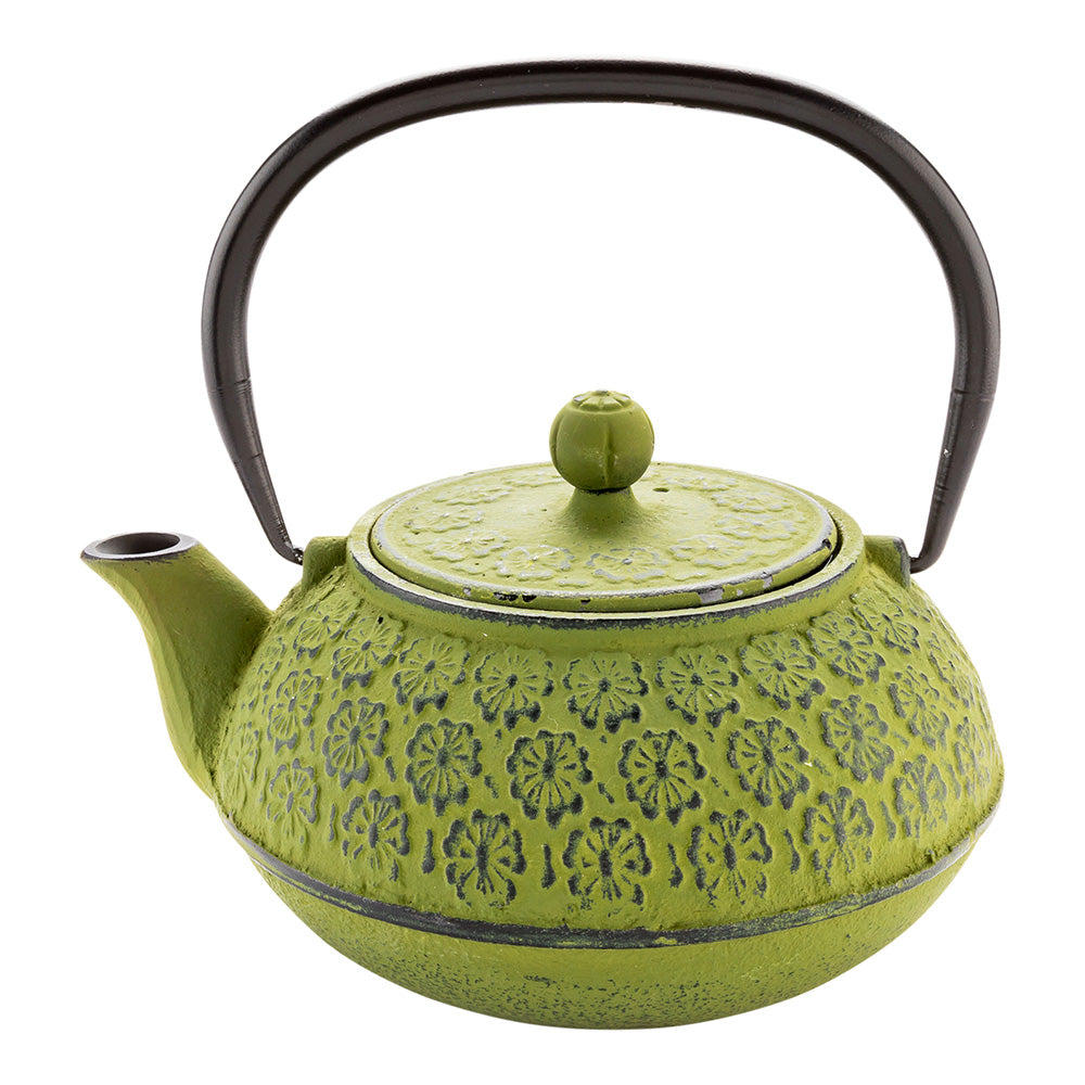 Tetsubin 30 oz Green Cast Iron Teapot - Cherry Blossom - 7 1/2" x 6 1/2" x 4 1/2" - 1 count box