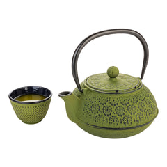 Tetsubin 30 oz Green Cast Iron Teapot - Cherry Blossom - 7 1/2