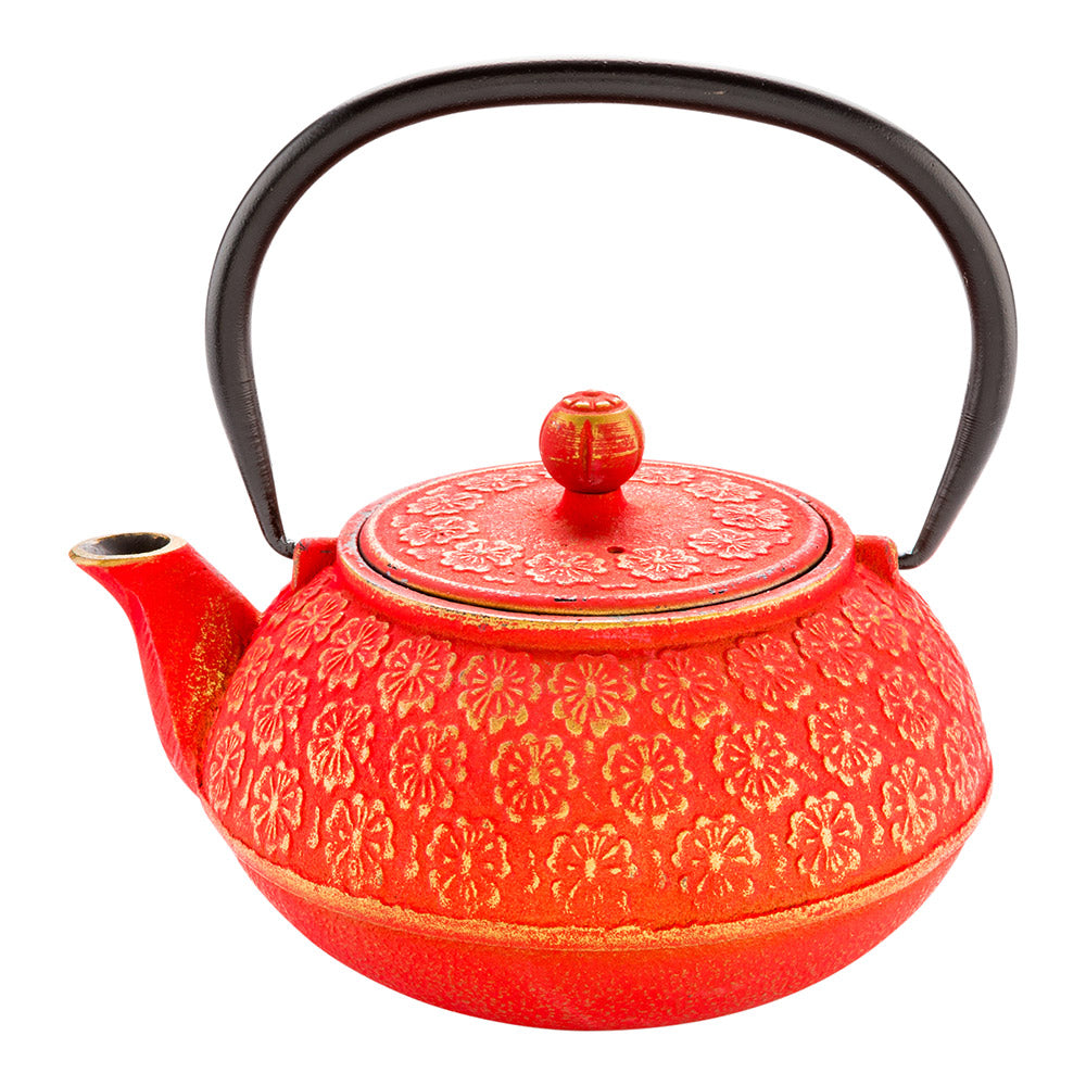 Tetsubin 30 oz Red Cast Iron Teapot - Cherry Blossom - 7 1/2" x 6 1/2" x 4 1/2" - 1 count box