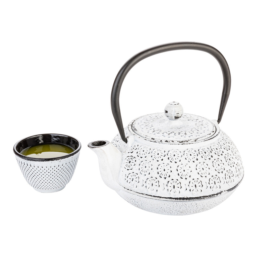 Tetsubin 30 oz White Cast Iron Teapot - Cherry Blossom - 7 1/2" x 6 1/2" x 4 1/2" - 1 count box