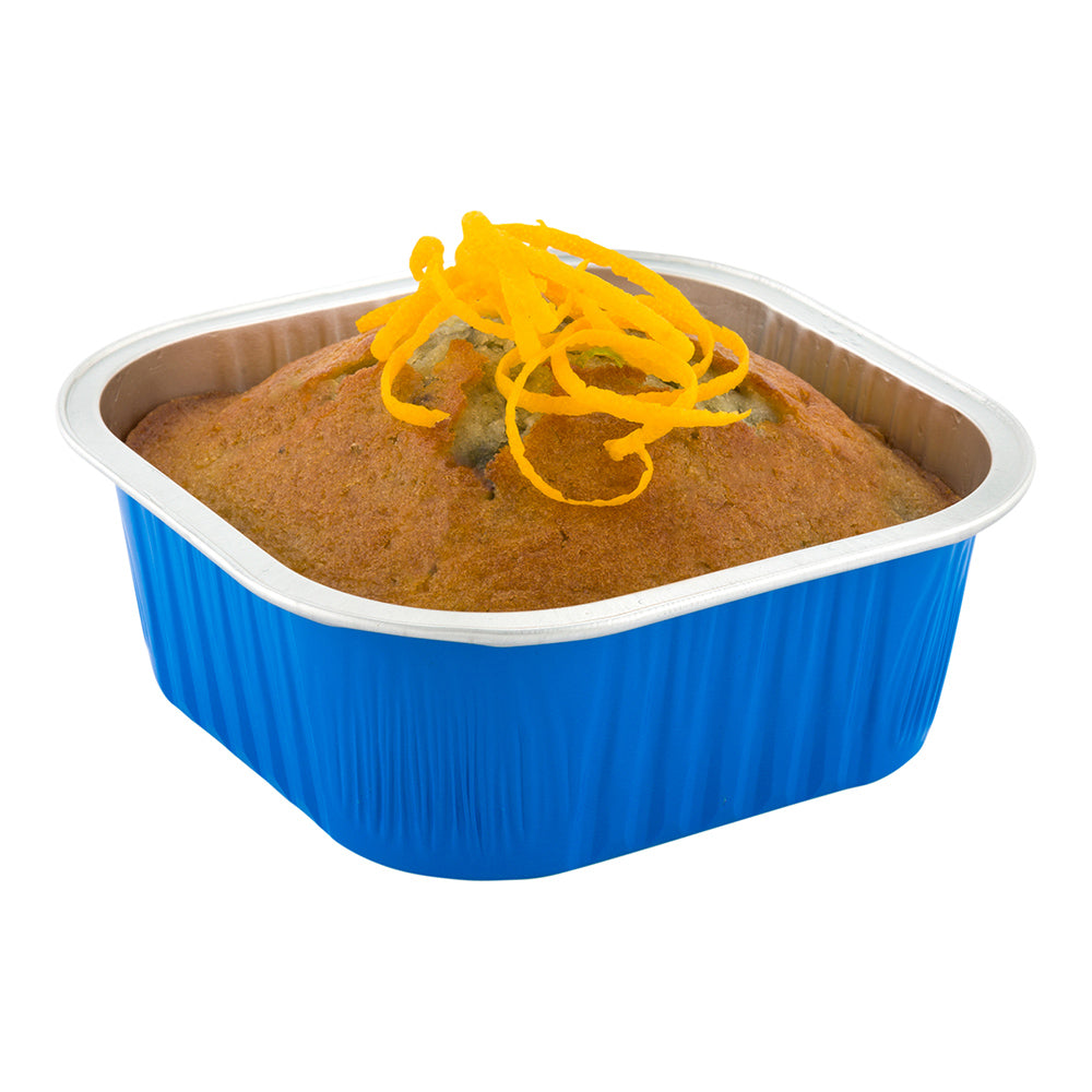 10 oz Square Blue Aluminum Baking Cup - Lids Available - 4 1/4" x 4 1/4" x 1 1/2" - 100 count box