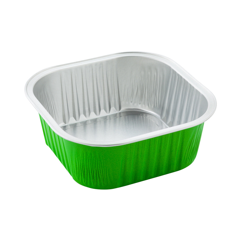 10 oz Square Lime Green Aluminum Baking Cup - Lids Available - 4 1/4" x 4 1/4" x 1 1/2" - 100 count box