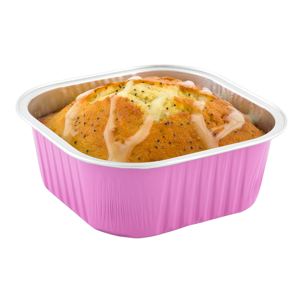 10 oz Square Pink Aluminum Baking Cup - Lids Available - 4 1/4" x 4 1/4" x 1 1/2" - 100 count box