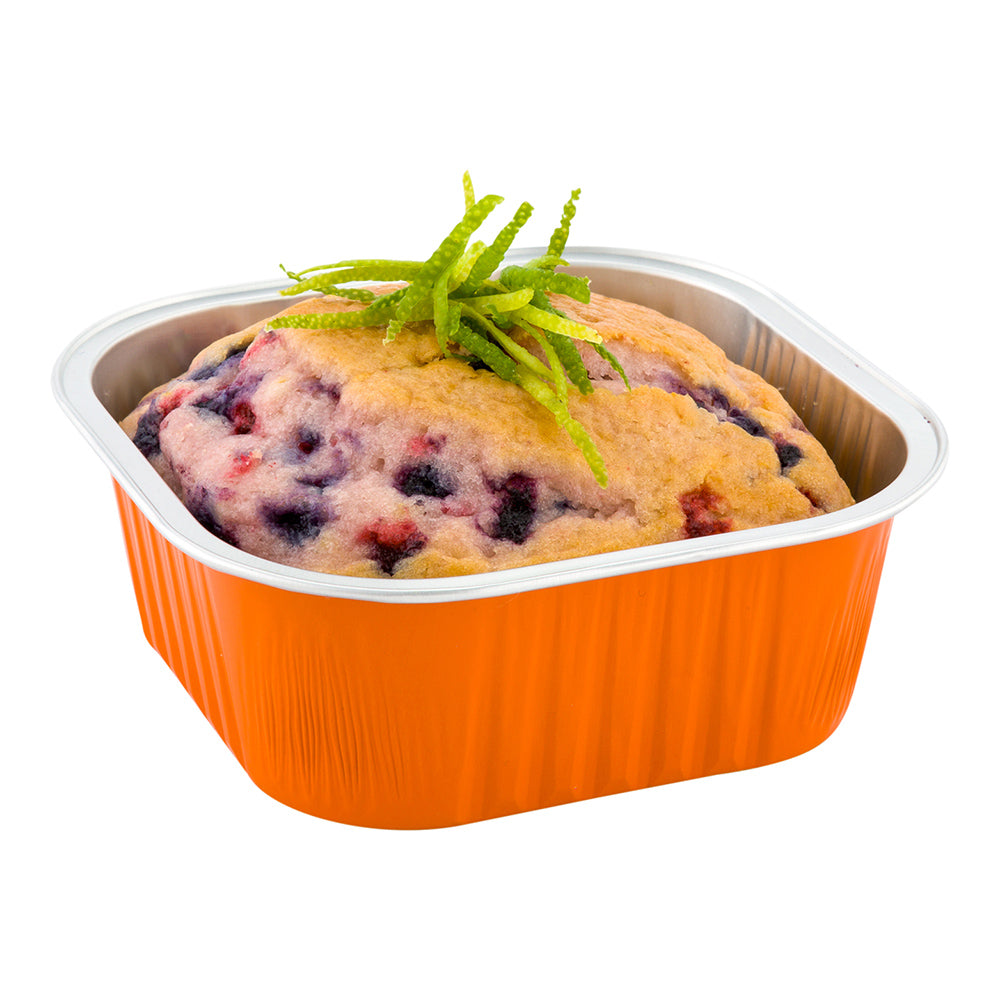 10 oz Square Orange Aluminum Baking Cup - Lids Available - 4 1/4" x 4 1/4" x 1 1/2" - 100 count box