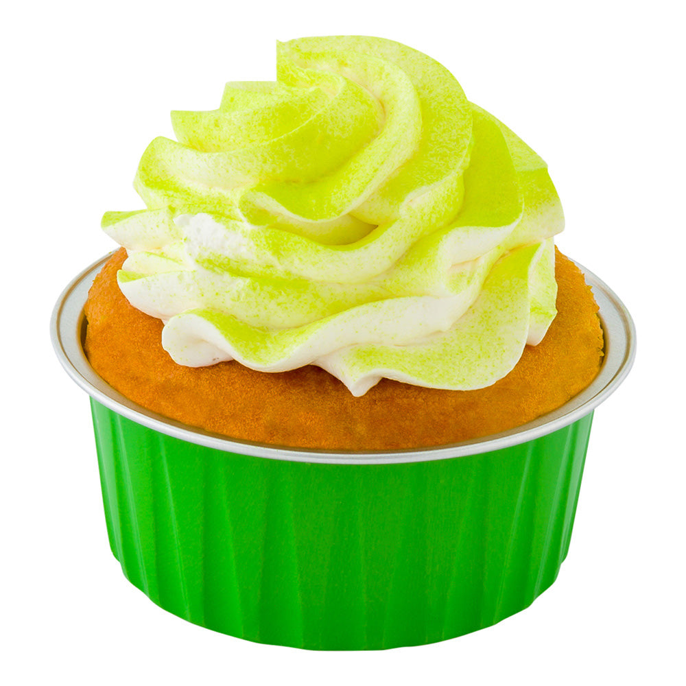 4 oz Round Lime Green Aluminum Baking Cup - Lids Available - 3 1/4" x 3 1/4" x 1 1/2" - 100 count box