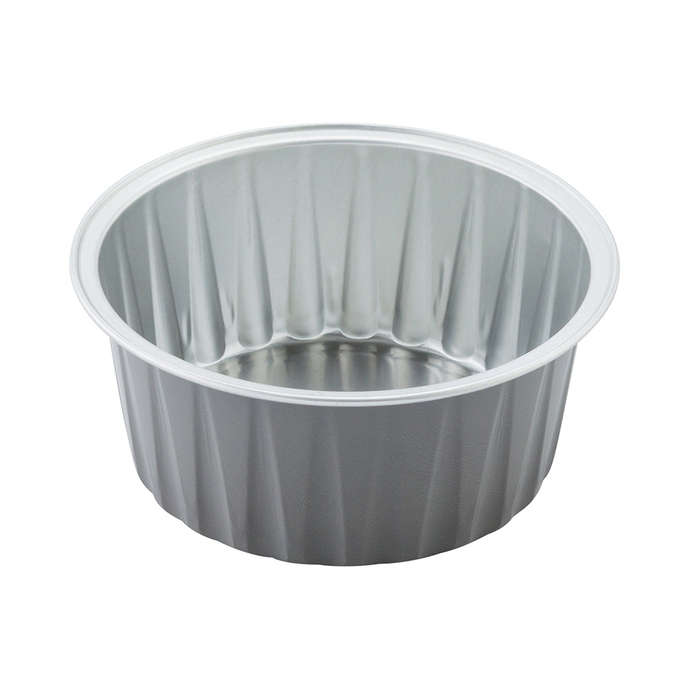 4 oz Round Gray Aluminum Baking Cup - Lids Available - 3 1/4" x 3 1/4" x 1 1/2" - 100 count box