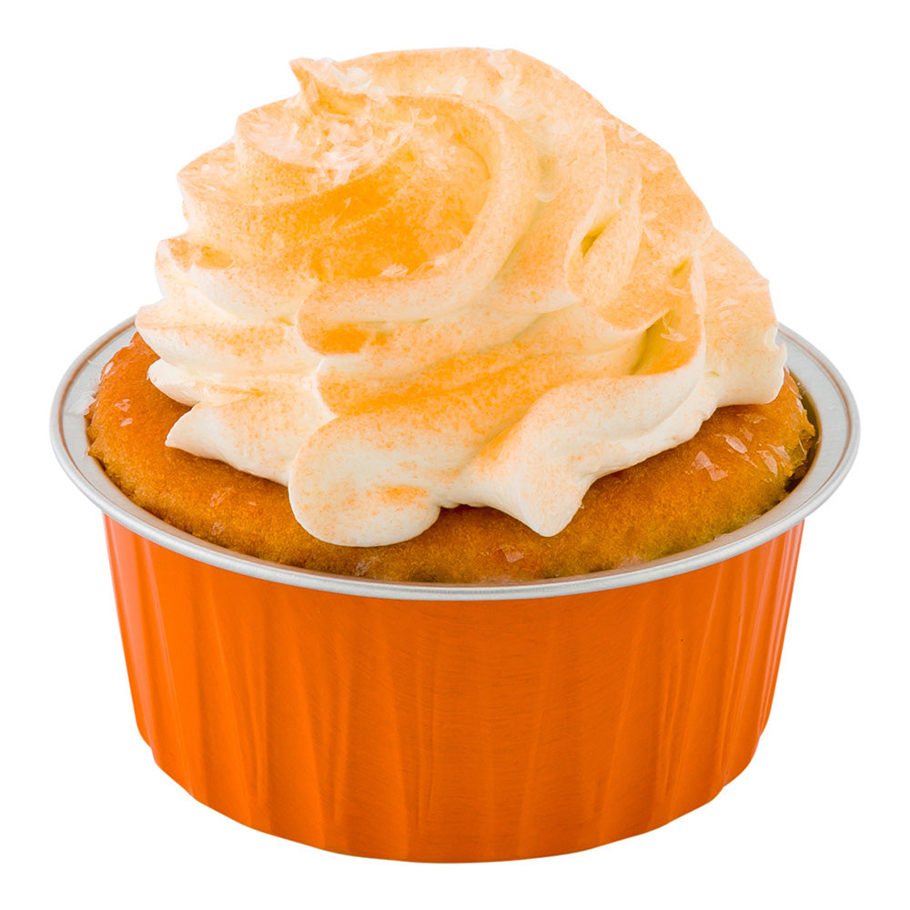 4 oz Round Orange Aluminum Baking Cup - Lids Available - 3 1/4" x 3 1/4" x 1 1/2" - 100 count box