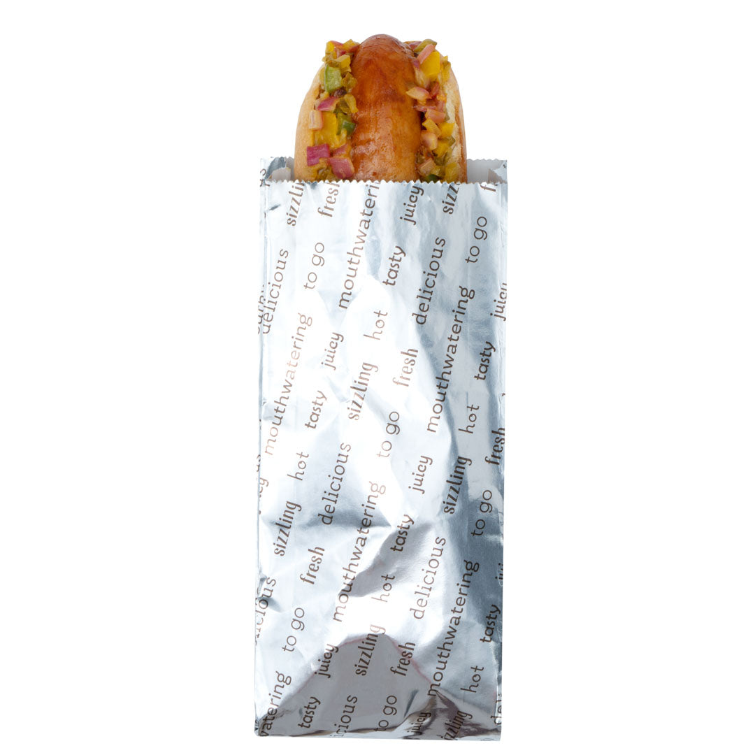 Bag Tek Paper Printed Small Hot Dog Foil Bag - 3 3/4" x 1 1/4" x 9" - 100 count box