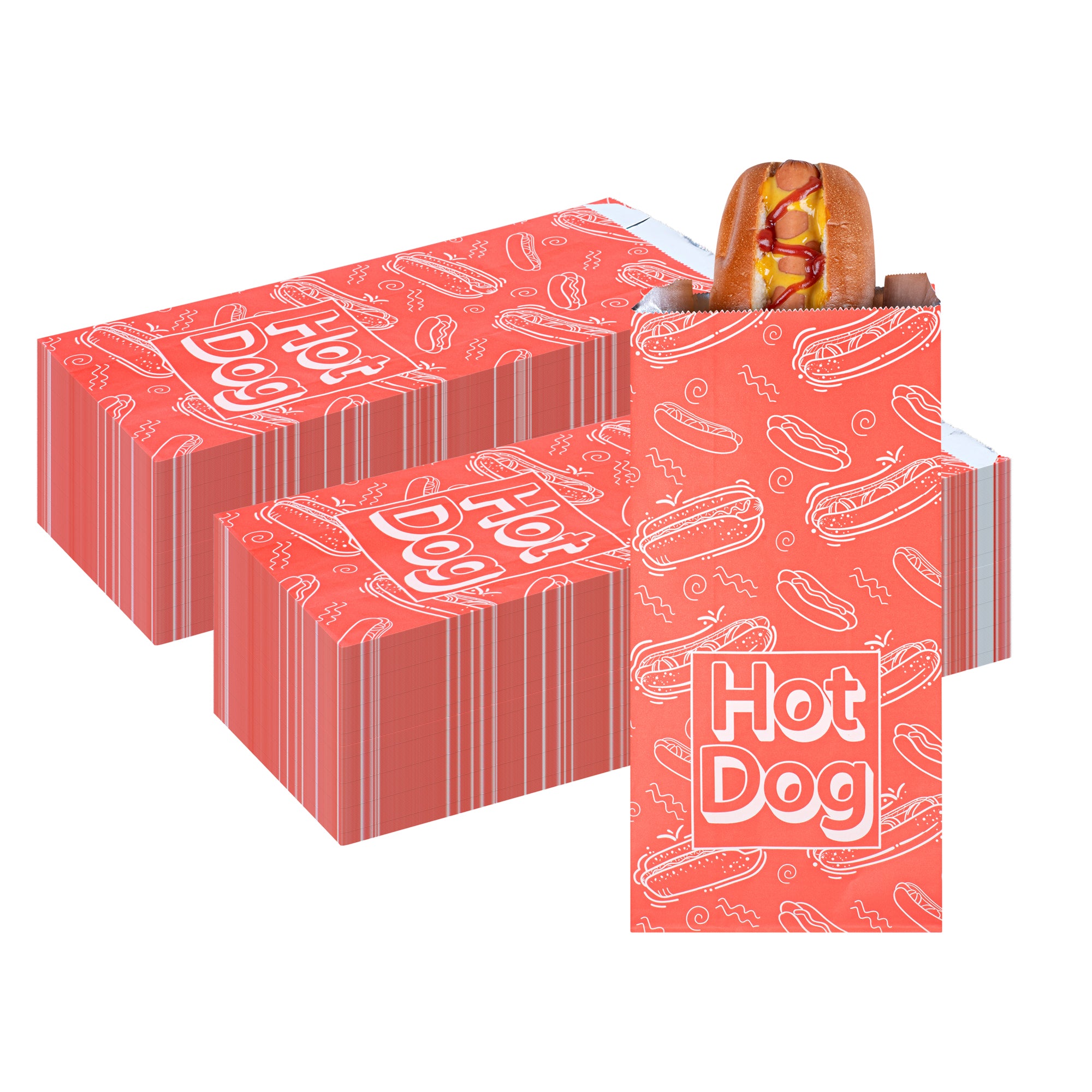 Bag Tek Red Paper Printed Hot Dog Foil Bag - Qt. Size - 5 1/2" x 3 1/4" x 12" - 100 count box