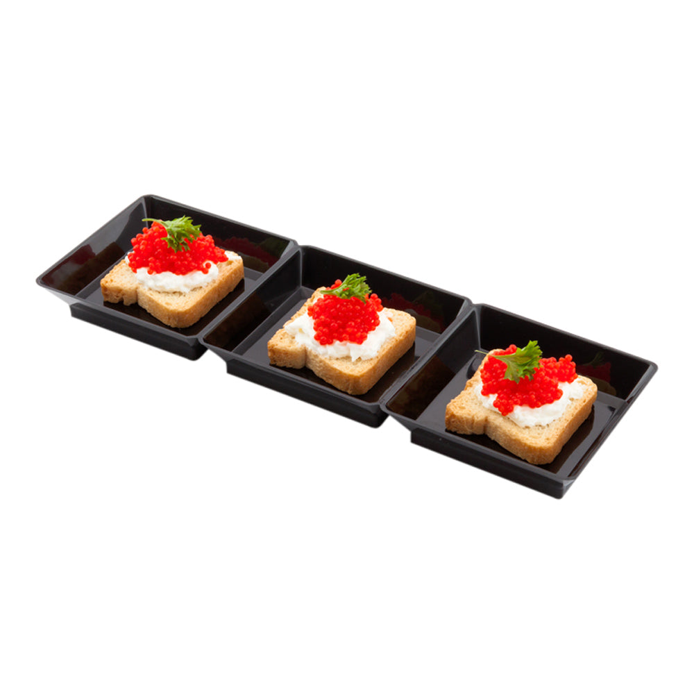 Rectangle Black Plastic Terzetto Mini Plate - 3 Compartments - 7 1/2" x 2 1/2" x 1/2" - 100 count box