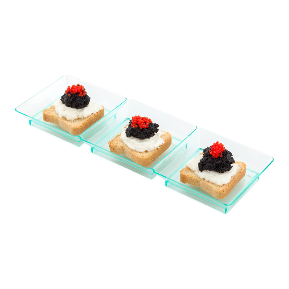 Rectangle Seagreen Plastic Terzetto Mini Plate - 3 Compartments - 7 1/2" x 2 1/2" x 1/2" - 100 count box