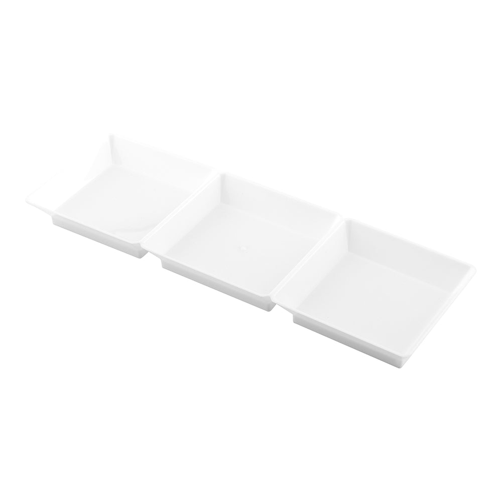 Rectangle White Plastic Terzetto Mini Plate - 3 Compartments - 7 1/2" x 2 1/2" x 1/2" - 100 count box