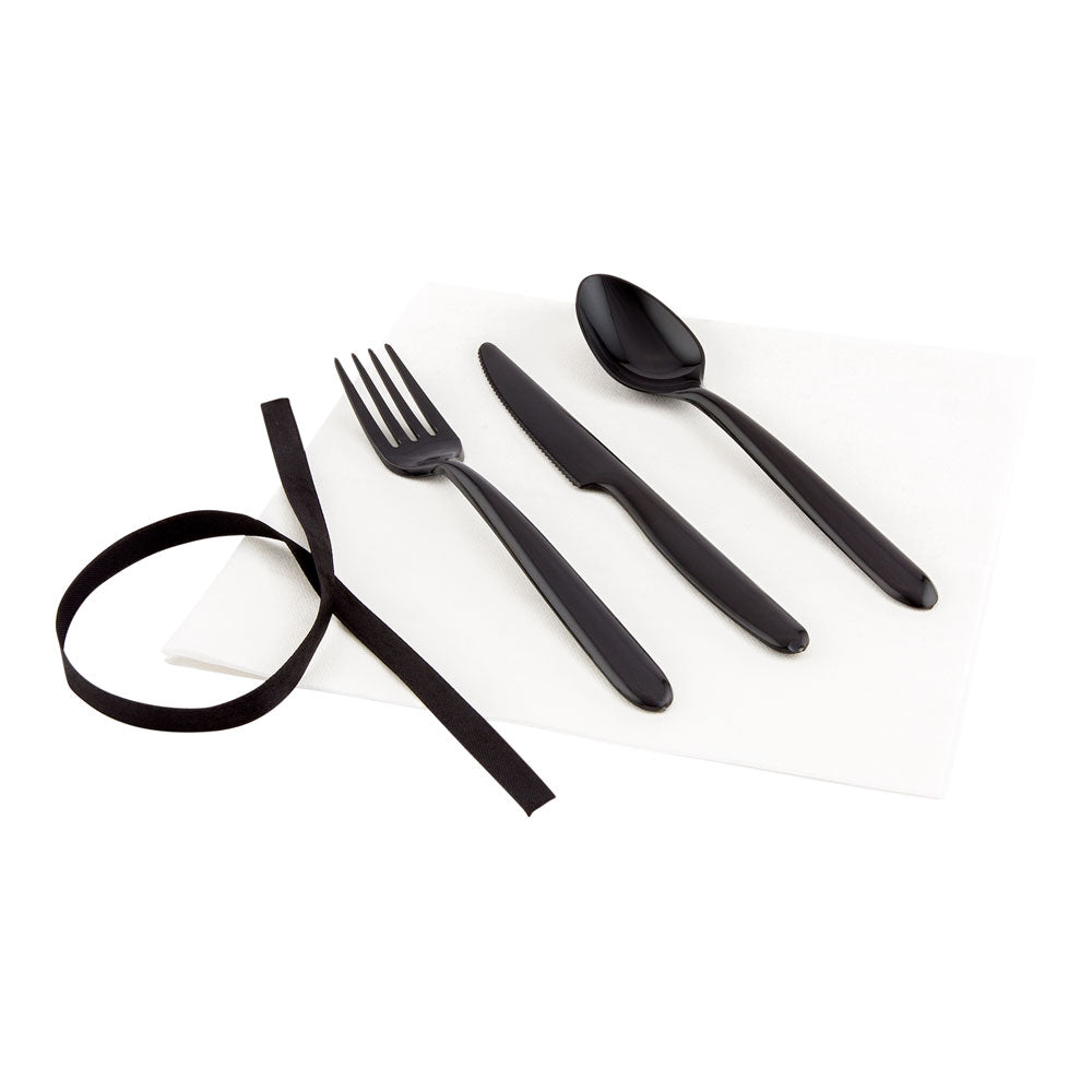 Moderna Black Plastic Cutlery Set - with White Napkin, Black Ribbon - 7 1/4" x 2" x 1 3/4" - 100 count box