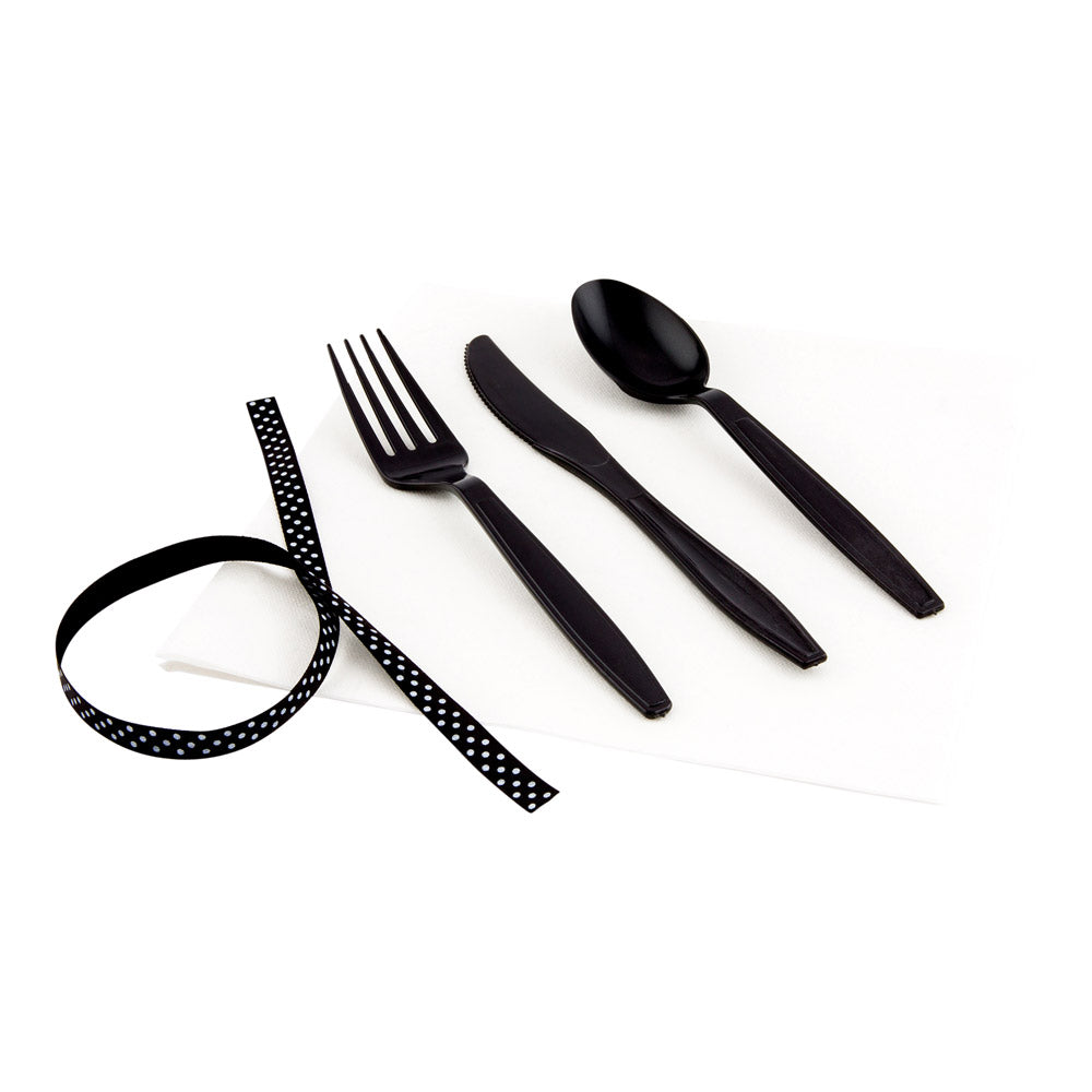 Argento Black Plastic Cutlery Set - with White Napkin, Polka Dot Ribbon - 7 1/4" x 2" x 1 3/4" - 100 count box