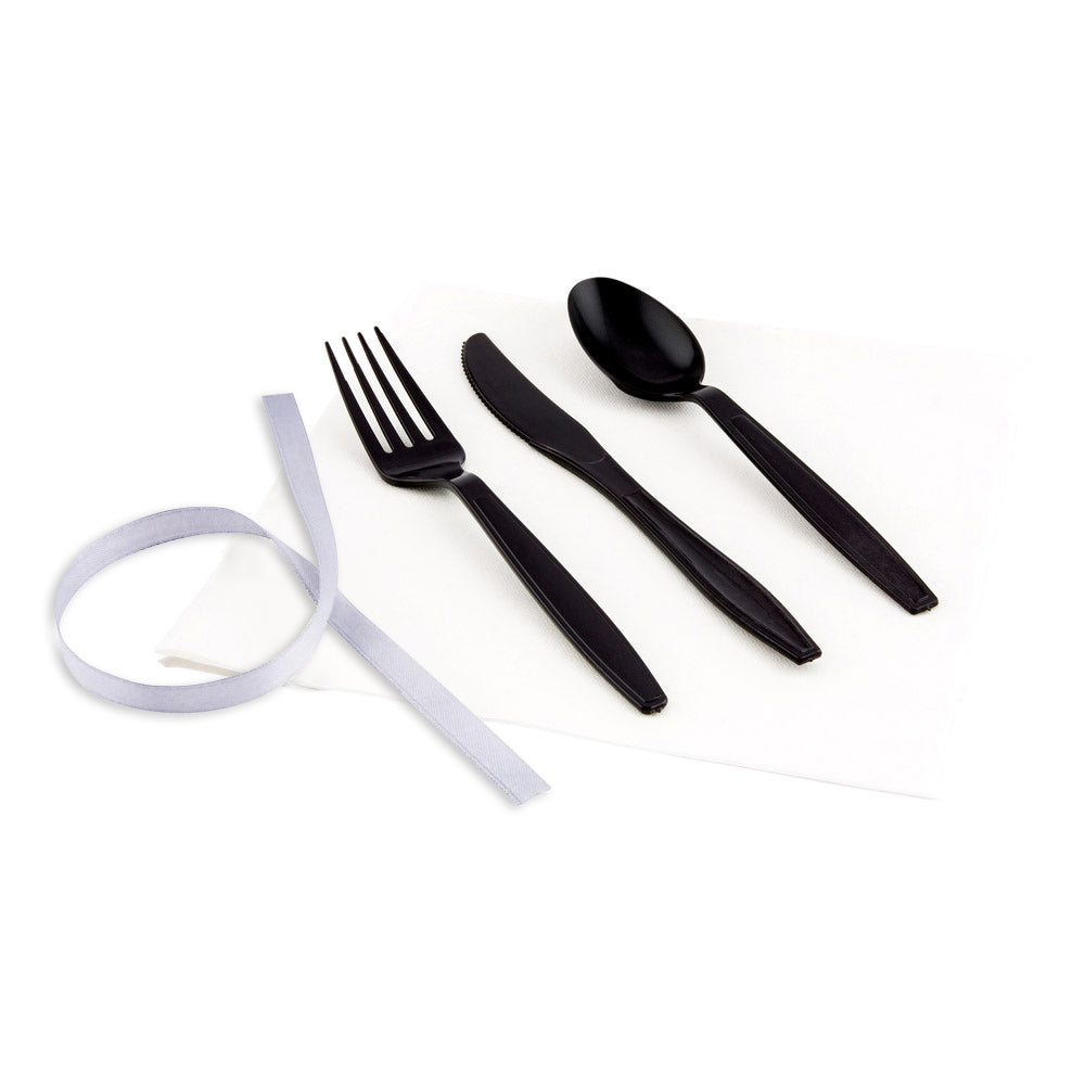 Argento Black Plastic Cutlery Set - with White Napkin, Silver Ribbon - 7 1/4" x 2" x 1 3/4" - 100 count box