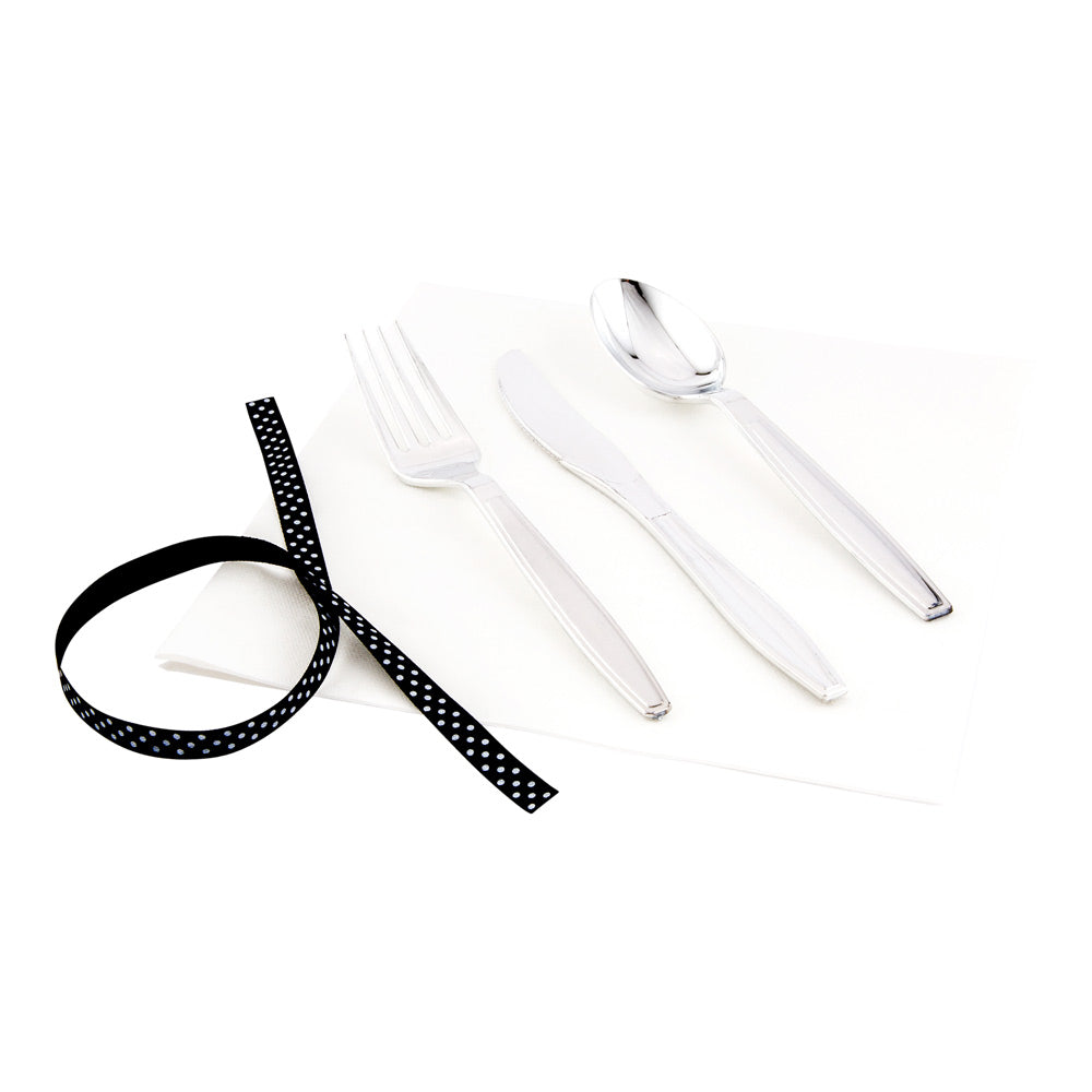 Argento Silver Plastic Cutlery Set - with White Napkin, Polka Dot Ribbon - 7 1/4" x 2" x 1 3/4" - 100 count box