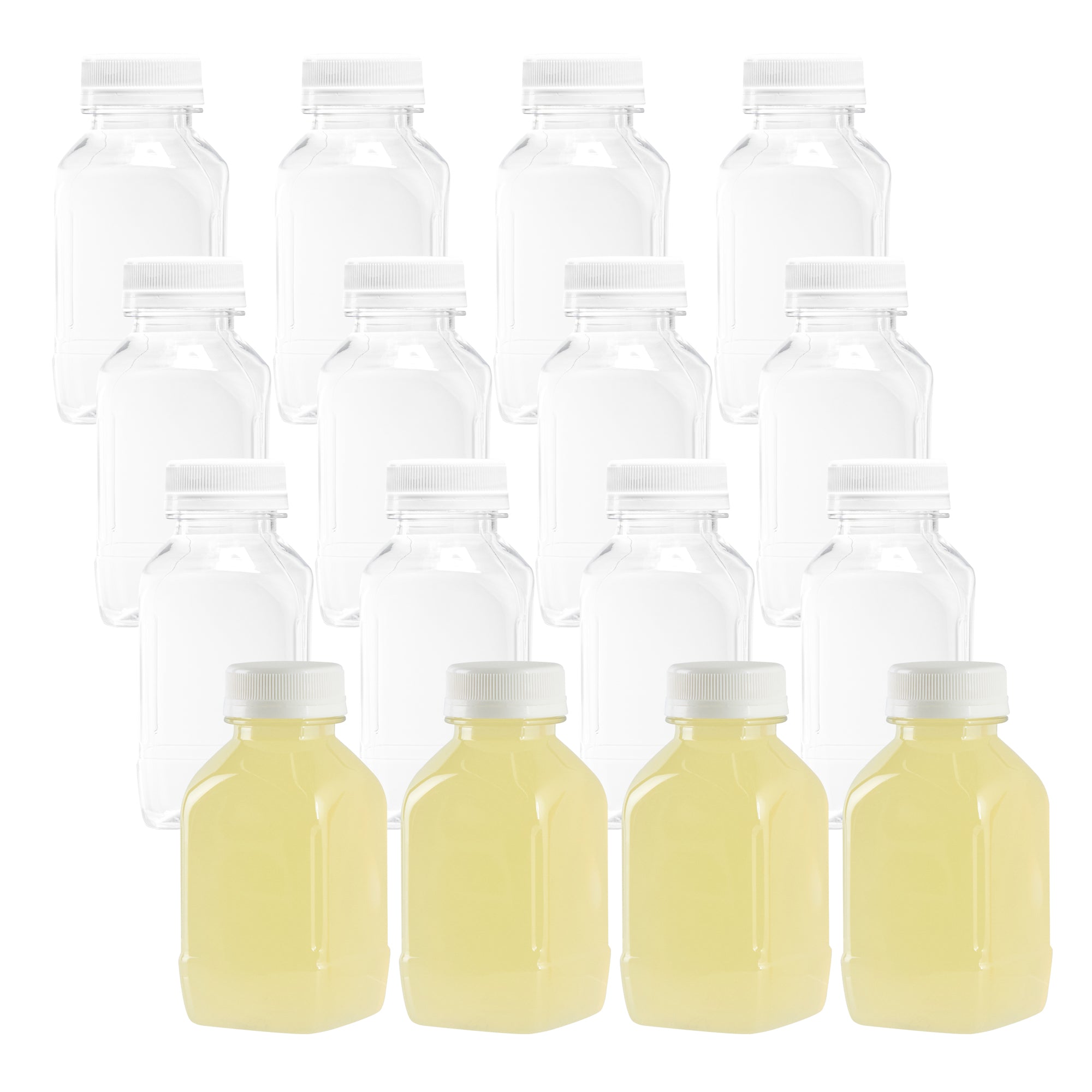 8 oz Square Clear Plastic Cold Pressed Juice Bottle - with Safety Cap - 2 1/4" x 2 1/4" x 4" - 100 count box