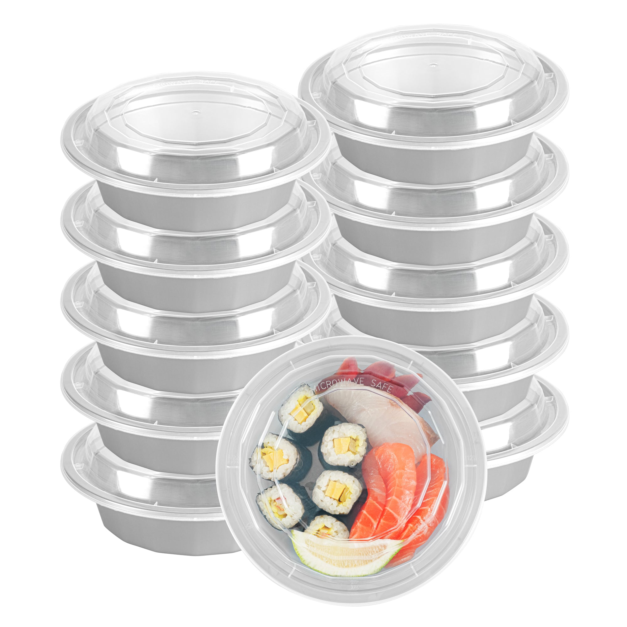 Asporto 16 oz Round Silver Plastic To Go Box - with Clear Lid, Microwavable - 6 1/4" x 6 1/4" x 1 3/4" - 100 count box