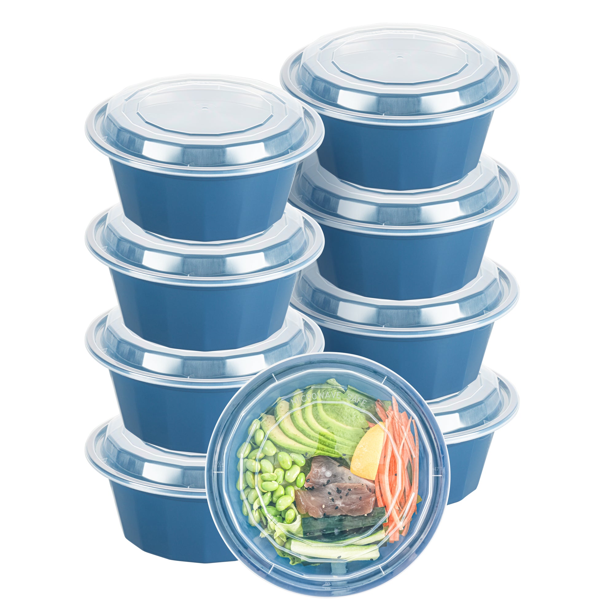 Asporto 32 oz Round Midnight Blue Plastic To Go Box - with Clear Lid, Microwavable - 7 1/4" x 7 1/4" x 3" - 100 count box