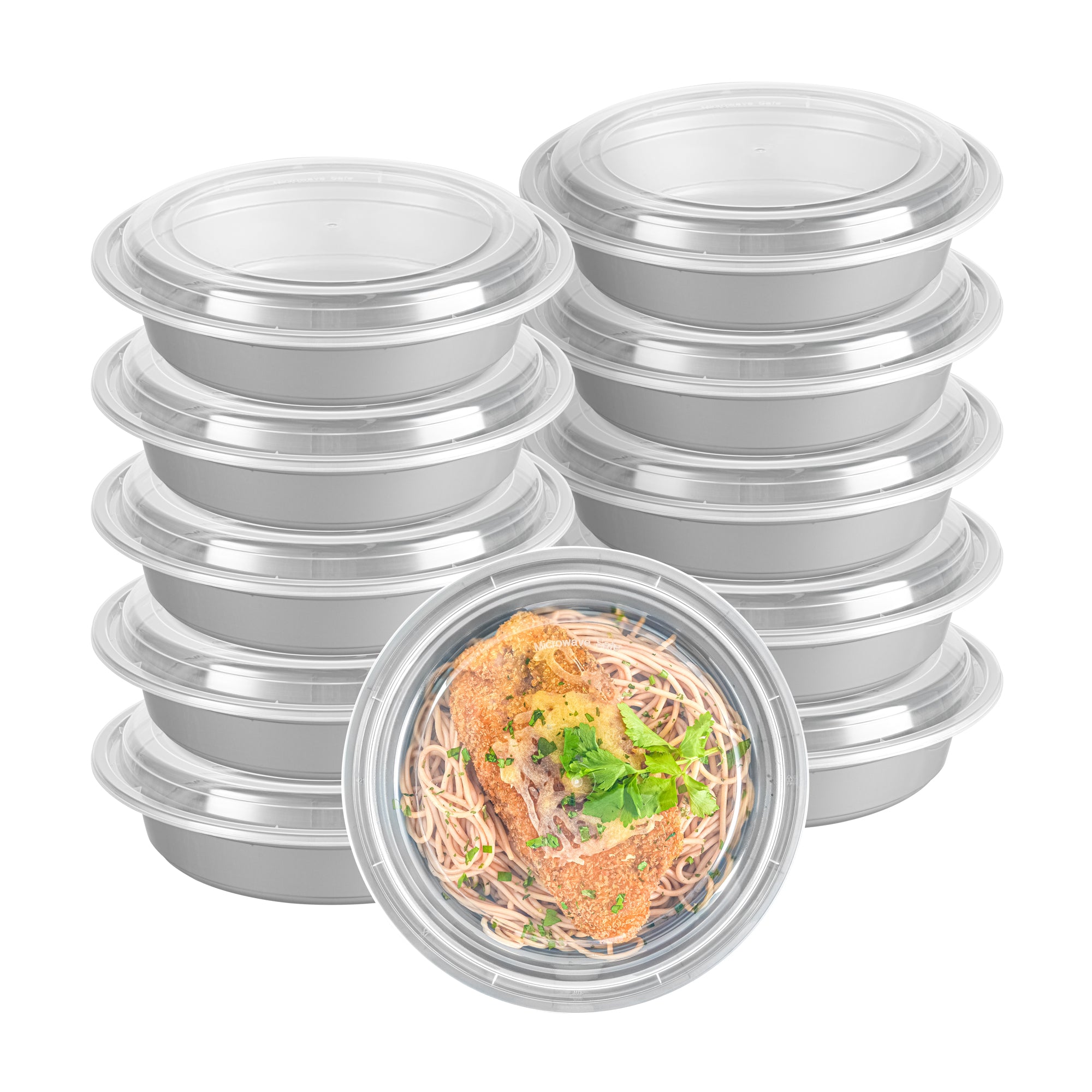 Asporto 48 oz Round Silver Plastic To Go Box - with Clear Lid, Microwavable - 9" x 9" x 1 3/4" - 100 count box