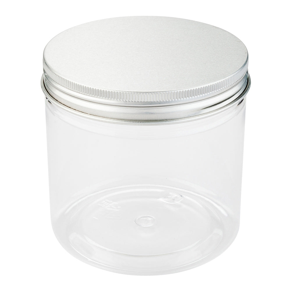 17 oz Round Clear Plastic Candy and Snack Jar - with Aluminum Lid - 3 1/2" x 3 1/2" x 3 3/4" - 100 count box