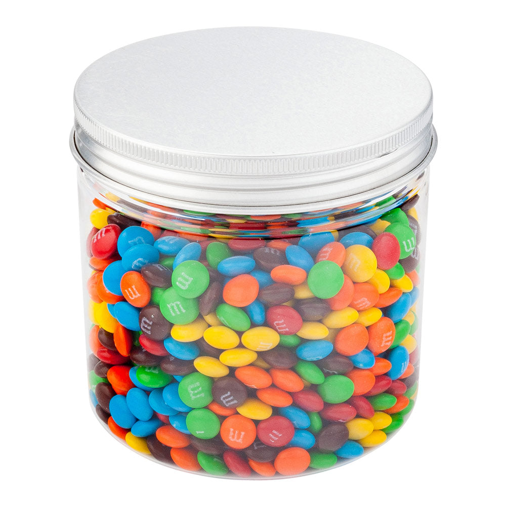 17 oz Round Clear Plastic Candy and Snack Jar - with Aluminum Lid - 3 1/2" x 3 1/2" x 3 3/4" - 100 count box