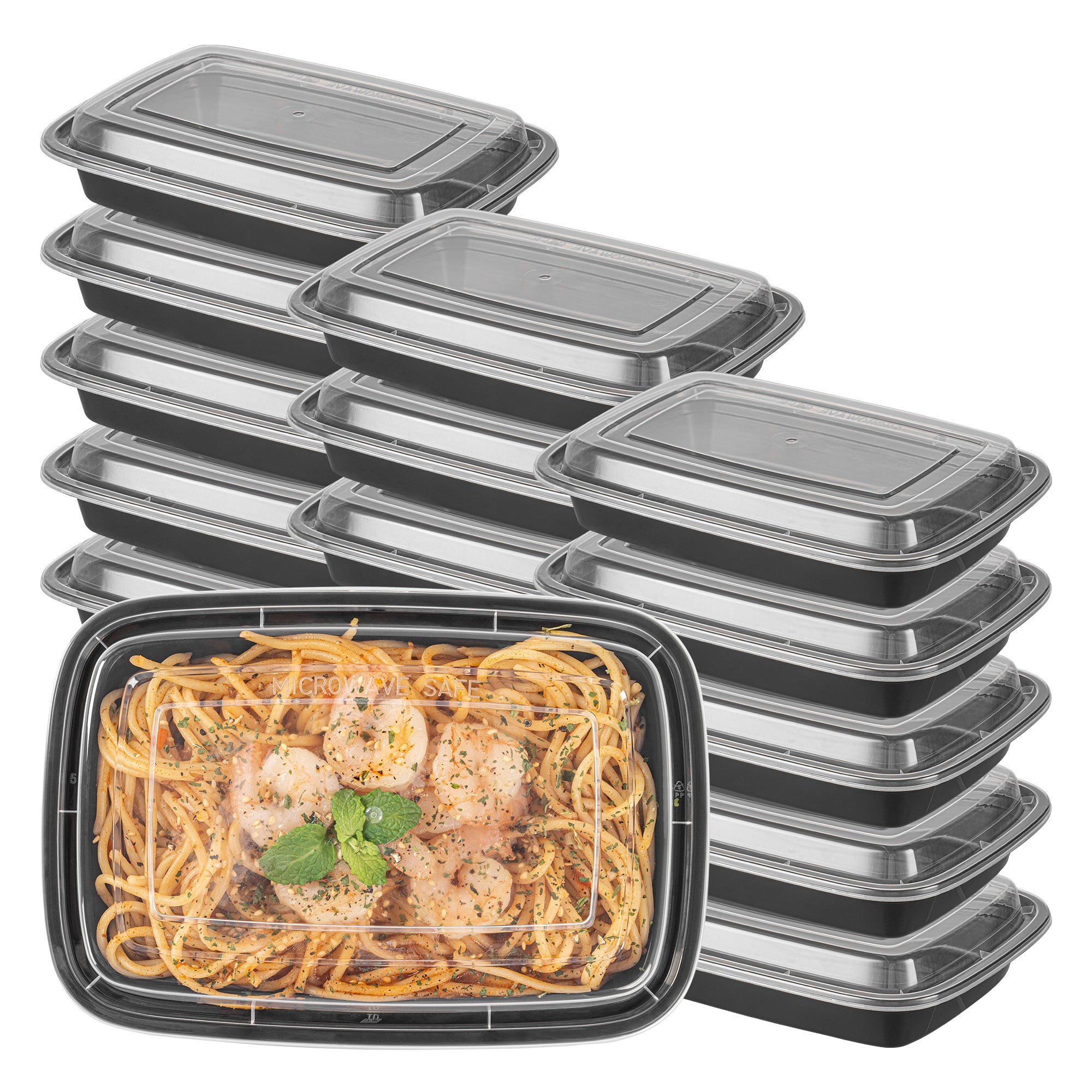 Asporto 16 oz Rectangle Black Plastic To Go Box - with Clear Lid, Microwavable - 7 3/4" x 5 1/2" x 1 1/2" - 100 count box