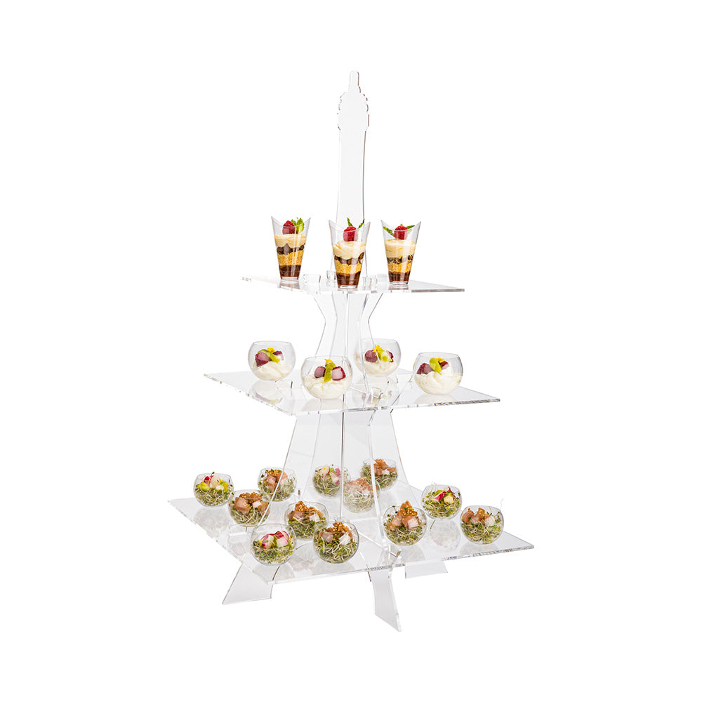 Clear Tek Clear Acrylic Eiffel Tower Food Display - 3-Tier - 14 1/2" x 14 1/2" x 27 1/4" - 1 count box