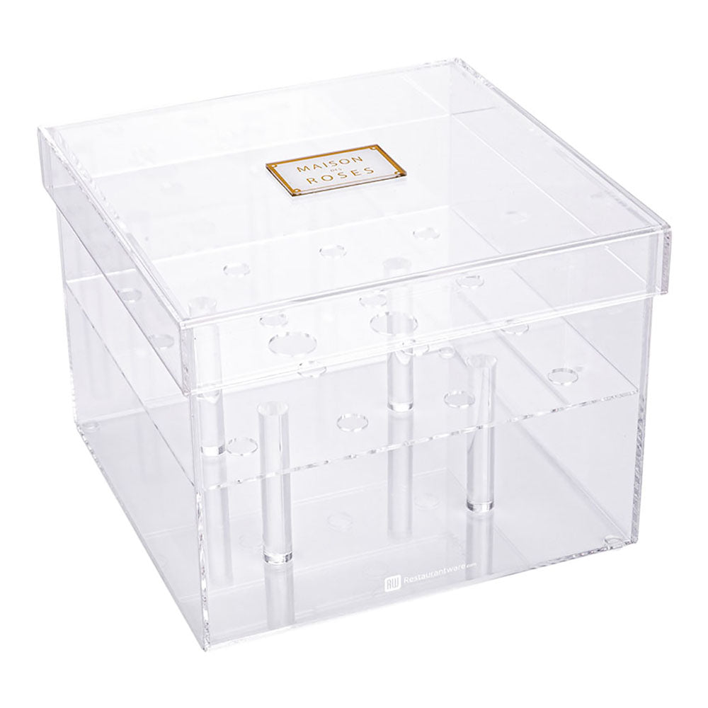 Clear Tek Clear Acrylic Square Flower Box Vase - 16 holes, with Lid - 8" x 8" x 6" - 1 count box