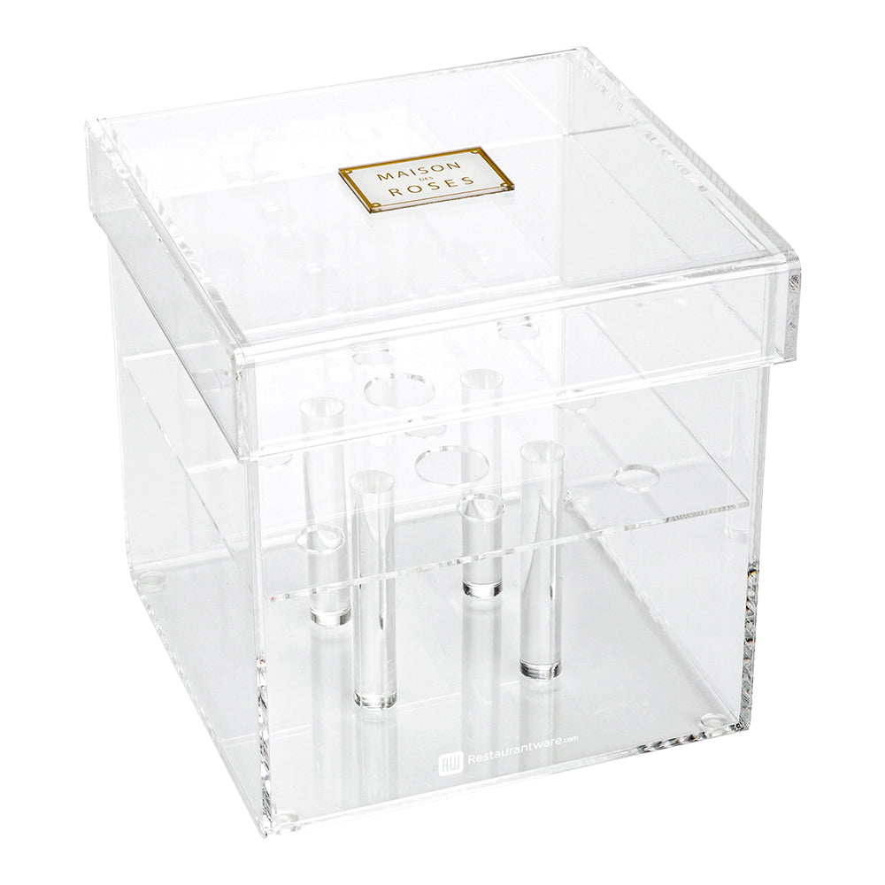 Clear Tek Clear Acrylic Square Flower Box Vase - 9 holes, with Lid - 6" x 6" x 6" - 1 count box