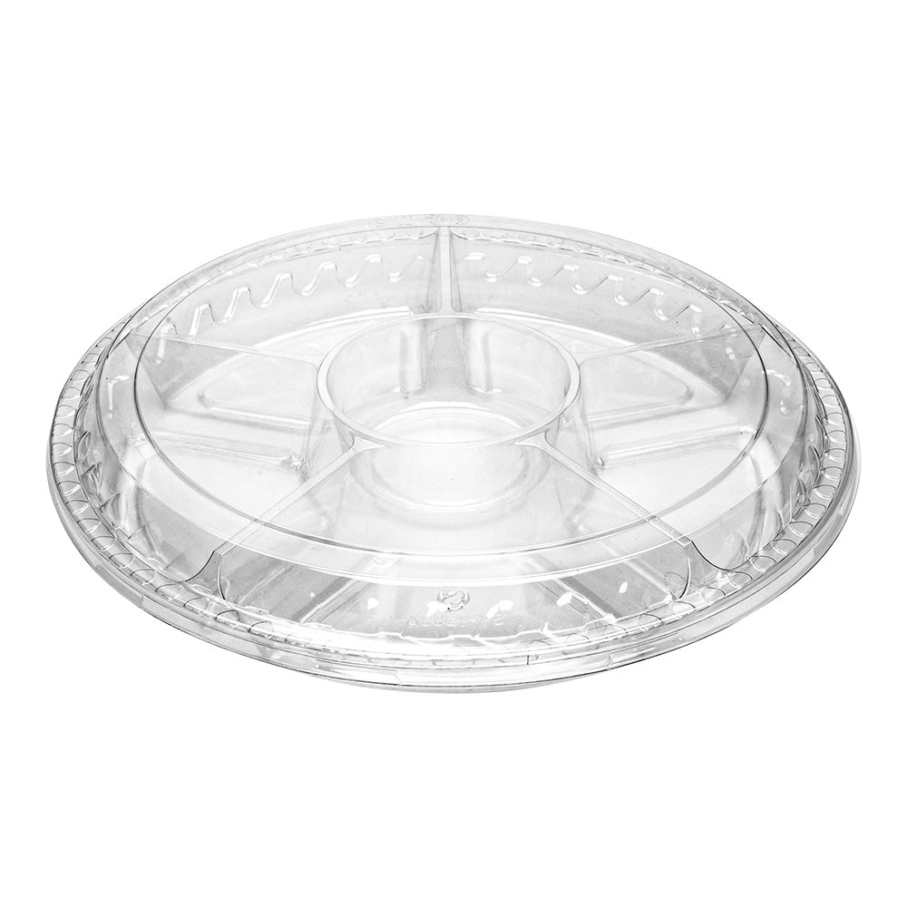 Thermo Tek Round Clear Plastic Serving Platter - with Lid, 6 Compartments - 11 3/4" x 11 3/4" x 2" - 100 count box