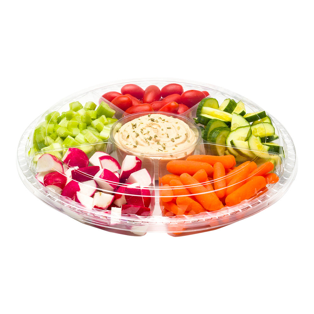 Thermo Tek Round Clear Plastic Serving Platter - with Lid, 6 Compartments - 11 3/4" x 11 3/4" x 2" - 100 count box