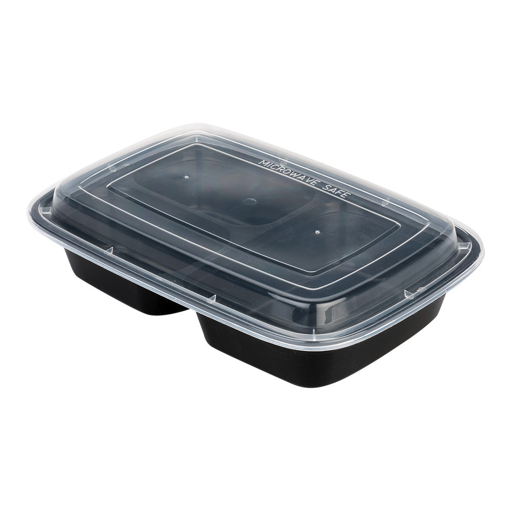 Asporto 26 oz Black Plastic 3 Compartment Food Container - with Clear Lid, Microwavable - 8 3/4" x 6" x 1 3/4" - 100 count box