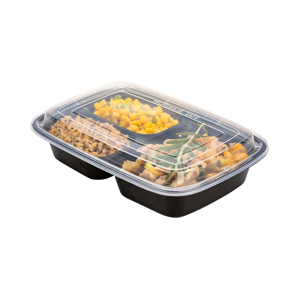 Asporto 26 oz Black Plastic 3 Compartment Food Container - with Clear Lid, Microwavable - 8 3/4" x 6" x 1 3/4" - 100 count box