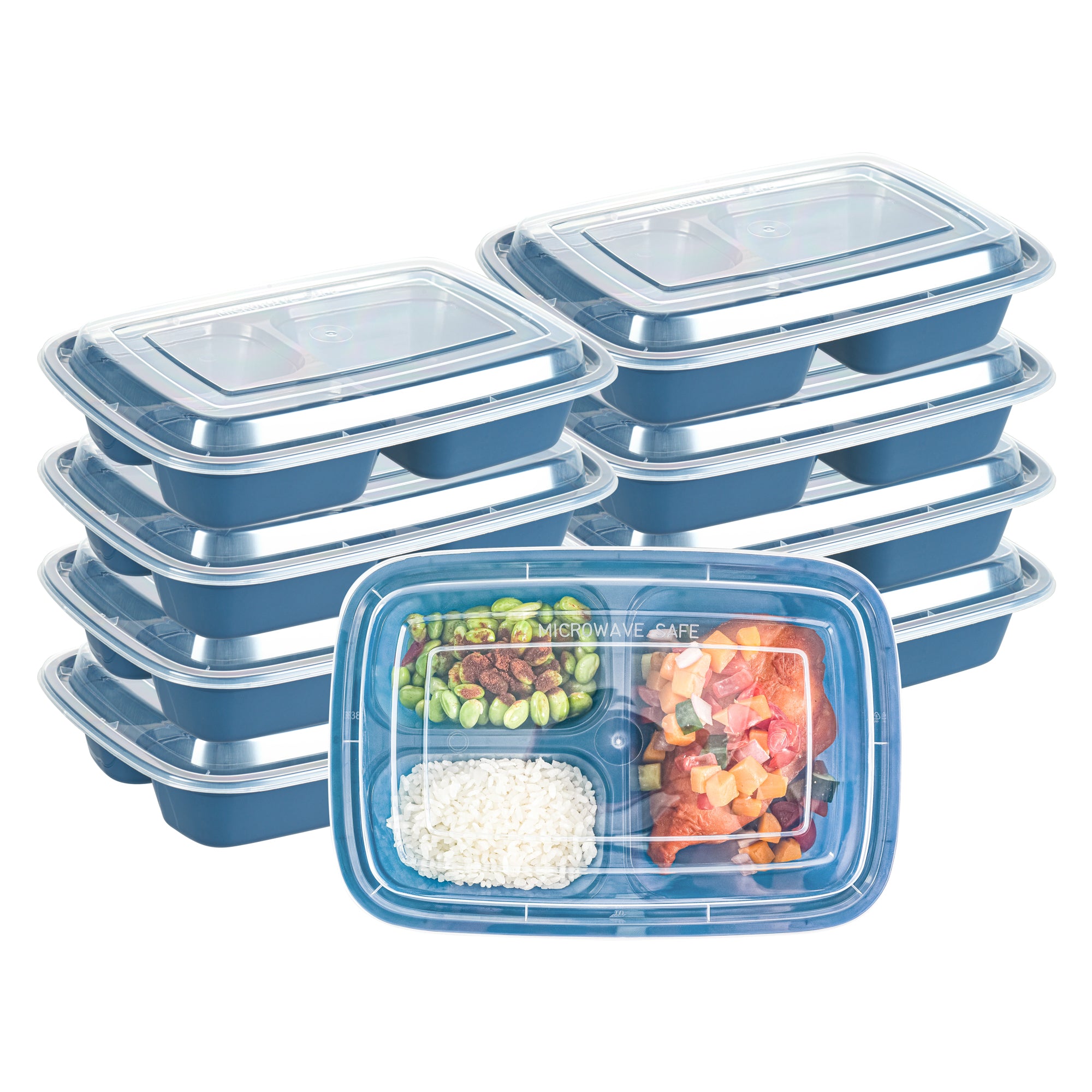 Asporto 26 oz Midnight Blue Plastic 3 Compartment Food Container - with Clear Lid, Microwavable - 8 3/4" x 6" x 1 3/4" - 100 count box