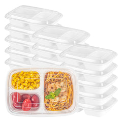 Asporto 26 oz White Plastic 3 Compartment Food Container - with Clear Lid, Microwavable - 8 3/4