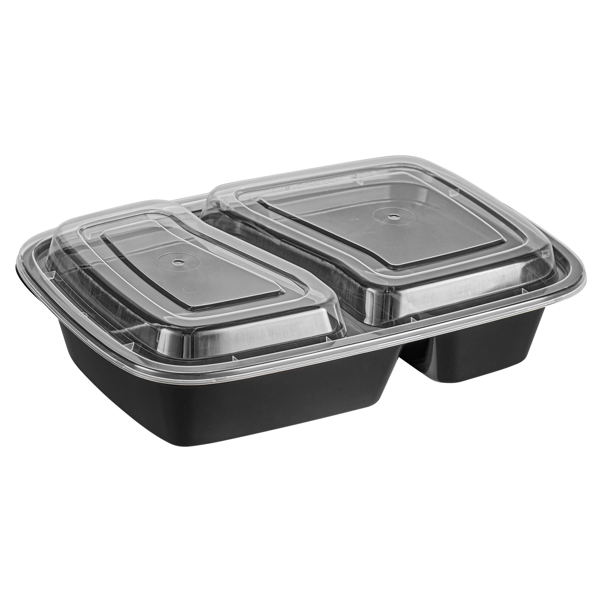 Asporto 32 oz Black Plastic 2 Compartment Food Container - with Clear Lid, Microwavable - 8 3/4" x 6" x 2" - 100 count box