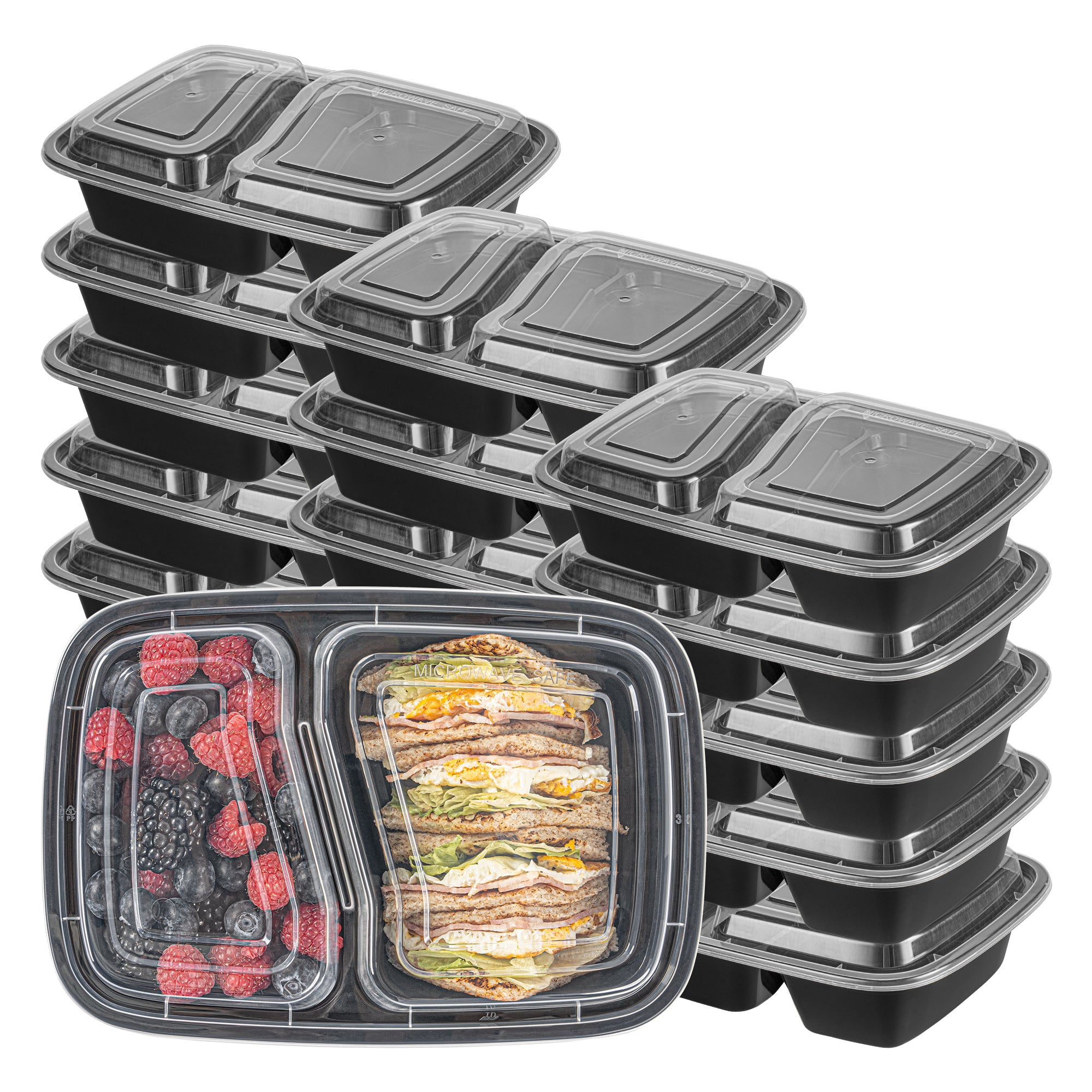 Asporto 32 oz Black Plastic 2 Compartment Food Container - with Clear Lid, Microwavable - 8 3/4" x 6" x 2" - 100 count box