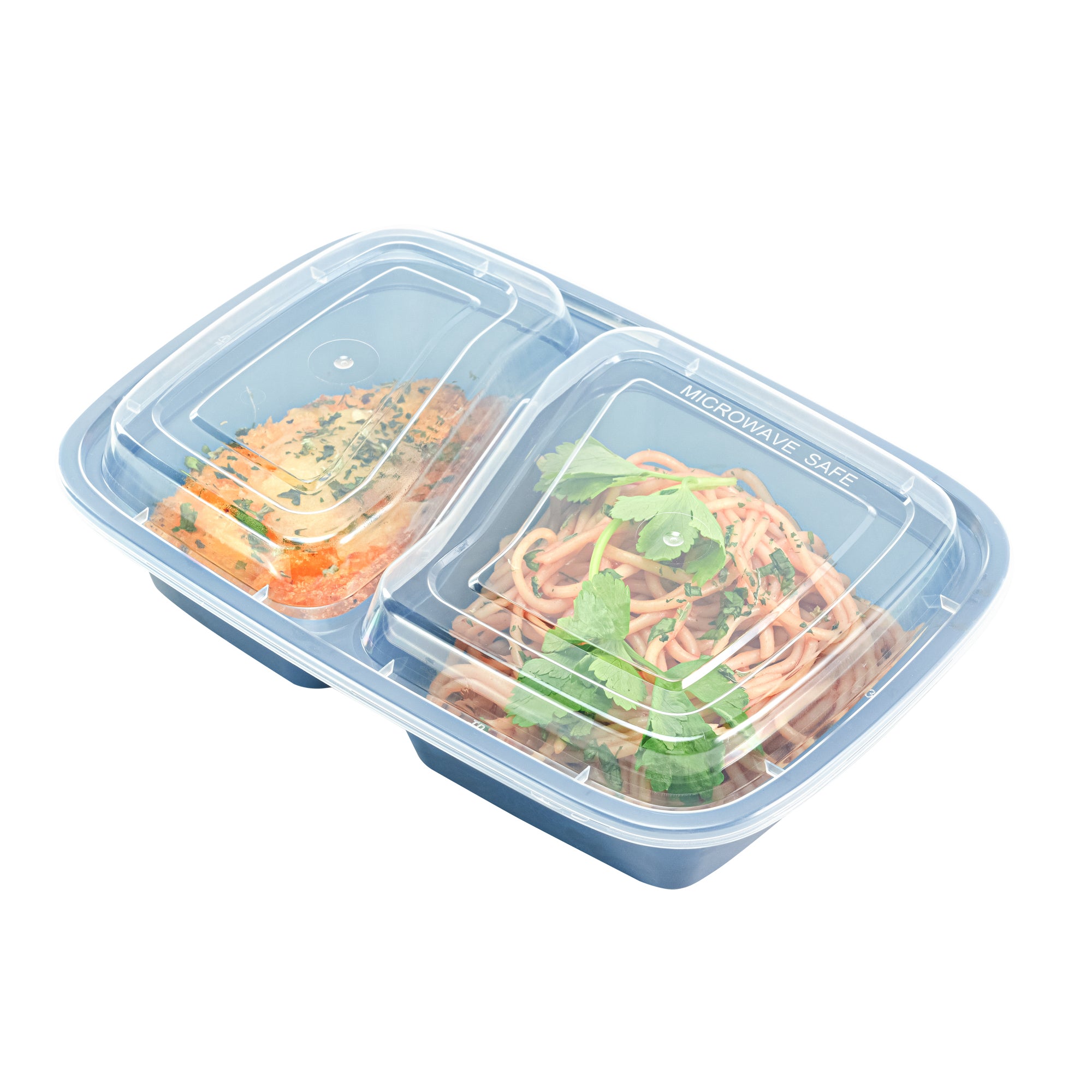 Asporto 32 oz Midnight Blue Plastic 2 Compartment Food Container - with Clear Lid, Microwavable - 8 3/4" x 6" x 2" - 100 count box