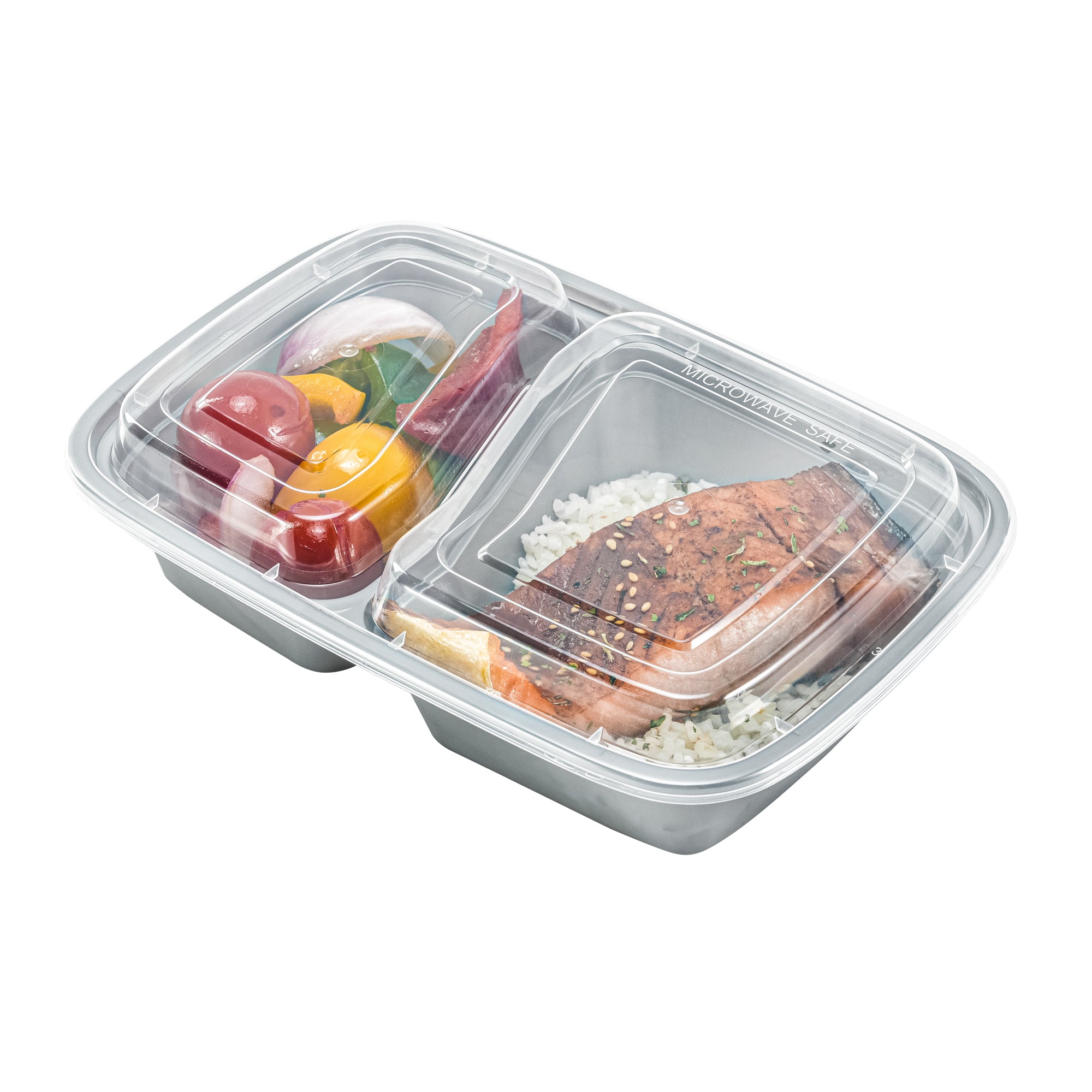 Asporto 32 oz Silver Plastic 2 Compartment Food Container - with Clear Lid, Microwavable - 8 3/4" x 6" x 2" - 100 count box