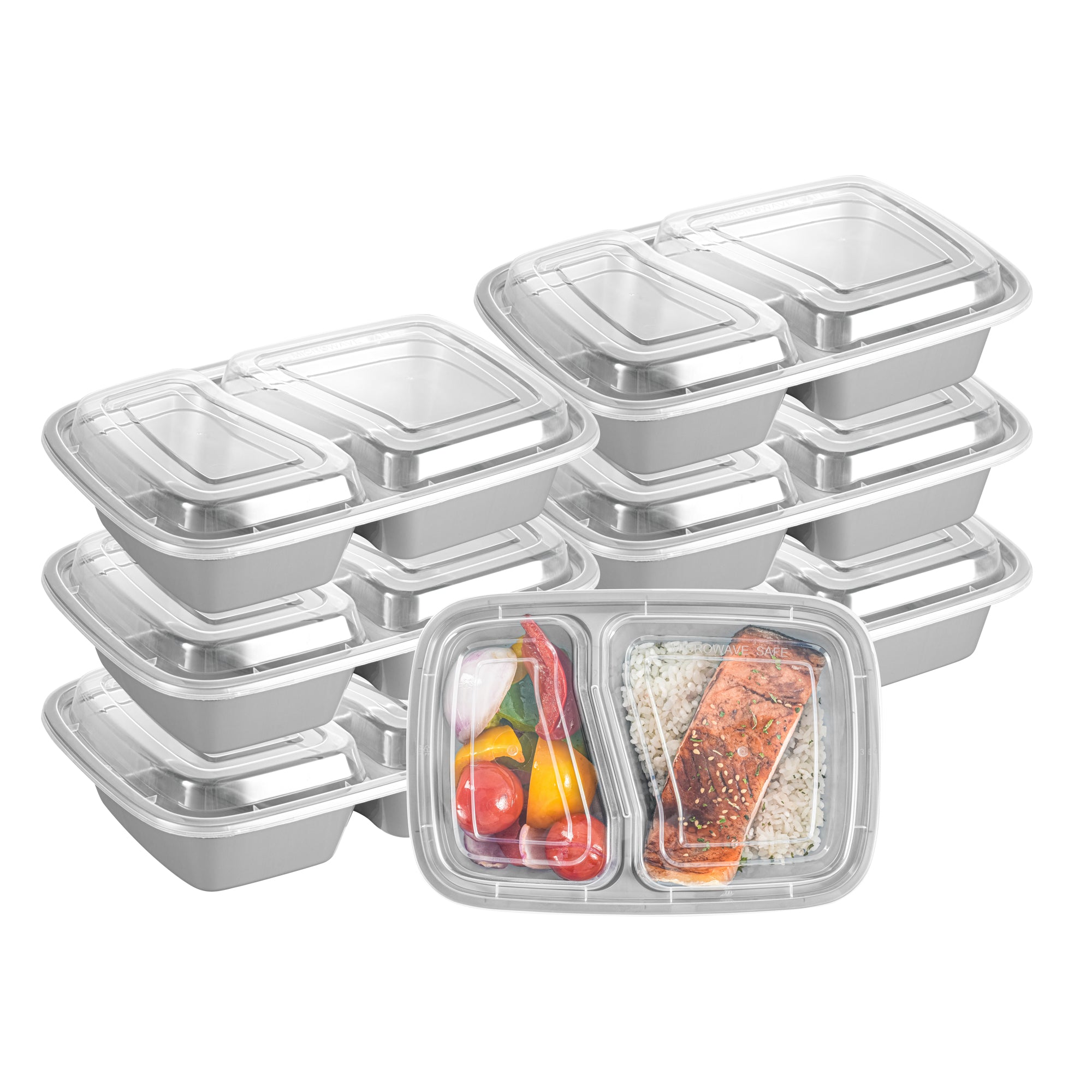 Asporto 32 oz Silver Plastic 2 Compartment Food Container - with Clear Lid, Microwavable - 8 3/4" x 6" x 2" - 100 count box