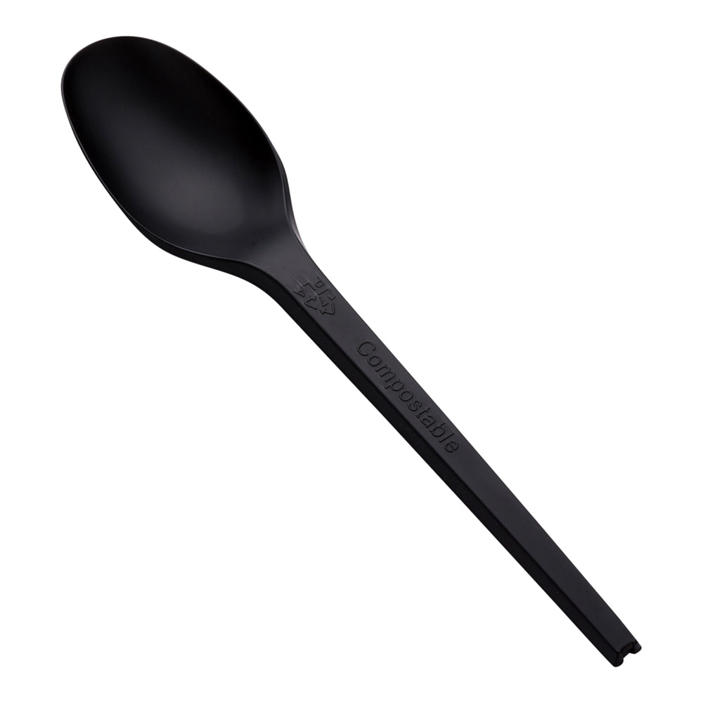 Basic Nature Black CPLA Plastic Spoon - Heat-Resistant, Compostable - 6 1/2" x 1 1/4" x 1/2" - 250 count box