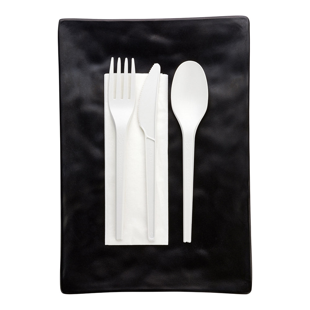 Basic Nature White CPLA Plastic Cutlery Set - White Napkin, Heat-Resistant, Compostable - 8 3/4" x 2 3/4" x 3/4" - 100 count box